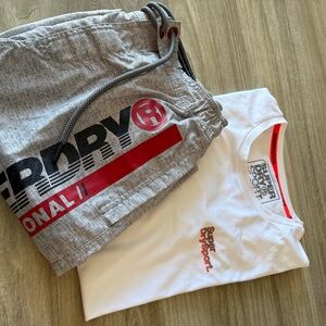 Superdry White short sleeve Tee and Gray swim trunks Combo size large
